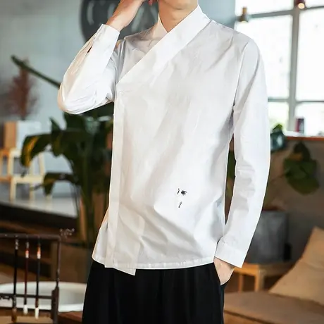 秋季中国风男衬衫交领个性斜襟改良汉服民族风休闲打底衫大码上衣图片