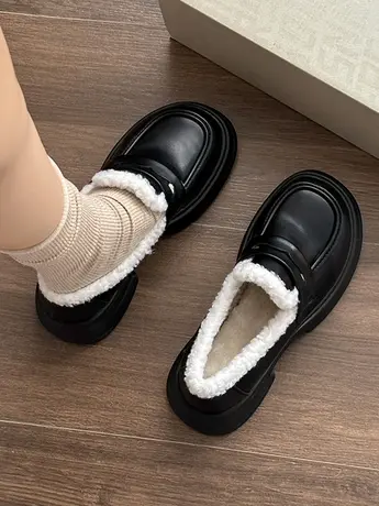 雪地靴女鞋松糕厚底乐福鞋秋冬加绒棉鞋毛毛鞋2023新款复古小皮鞋商品大图