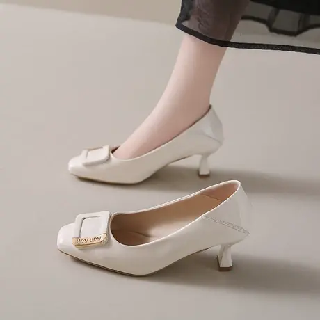 永希法式浅口单鞋女2024新款细跟舒适高跟鞋方扣晚晚风温柔小皮鞋商品大图
