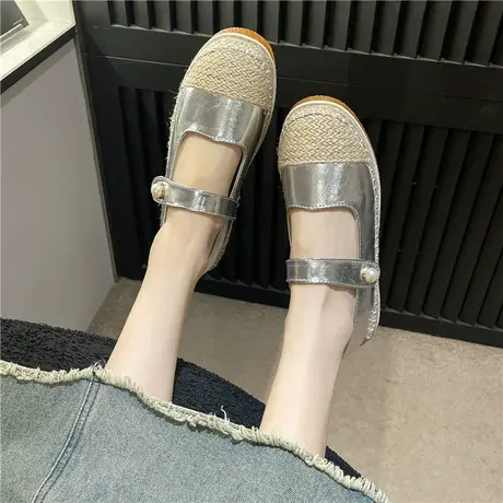 平底单鞋女2024新款夏季休闲百搭厚底渔夫鞋浅口法式银色玛丽珍鞋商品大图