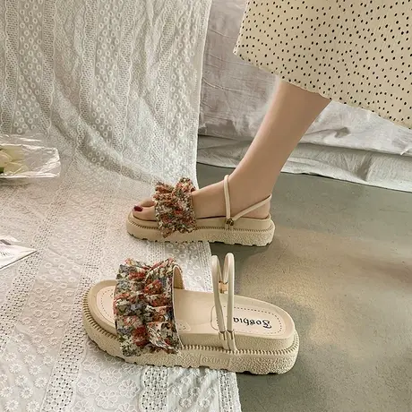 网红甜美凉鞋女夏季平底仙女风2024年新款学生时尚罗马厚底沙滩鞋商品大图