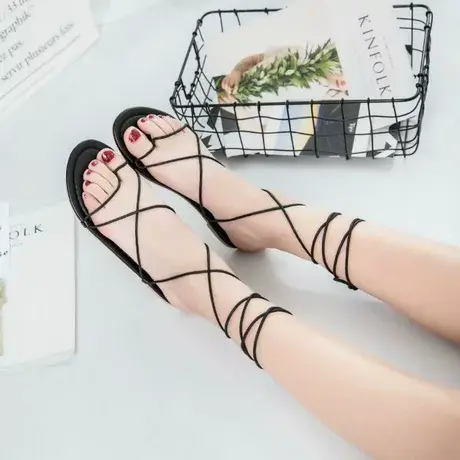 夏季时尚新款绑绳绑带女鞋凉鞋休闲百搭学生网红沙滩鞋旅游单鞋商品大图