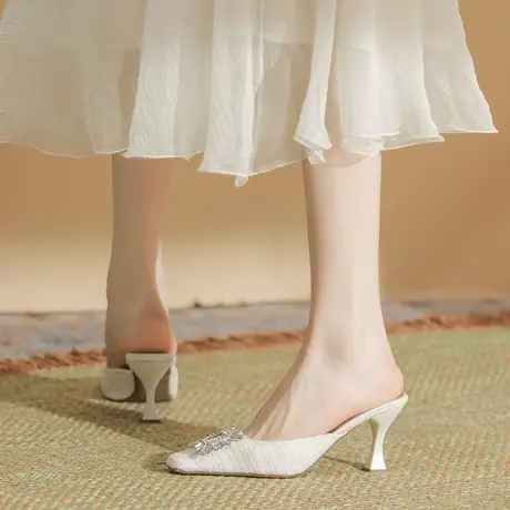 法式仙女穆勒鞋女2024春季新款方扣水钻凉拖鞋外穿方头细跟高跟鞋商品大图