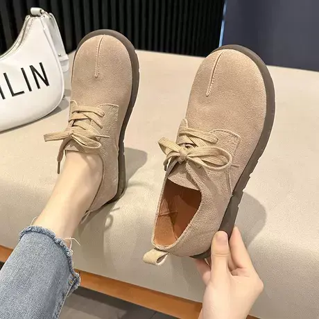 平底单鞋女系带小皮鞋2023新款秋季勃肯鞋软底孕妇英伦风乐福鞋子商品大图