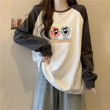 德绒打底衫女2024新款秋冬季宽松撞色长袖T恤加绒加厚插肩袖上衣商品大图