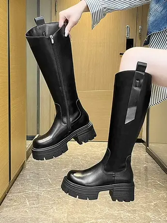 增高厚底显瘦不过膝骑士靴长筒靴女2023年秋冬新款加绒粗跟高筒靴商品大图