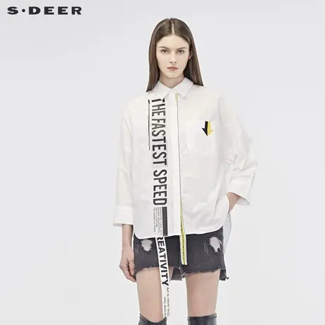 sdeer圣迪奥2019秋季潮流翻领字母撞色织带长袖衬衫S19180507图片
