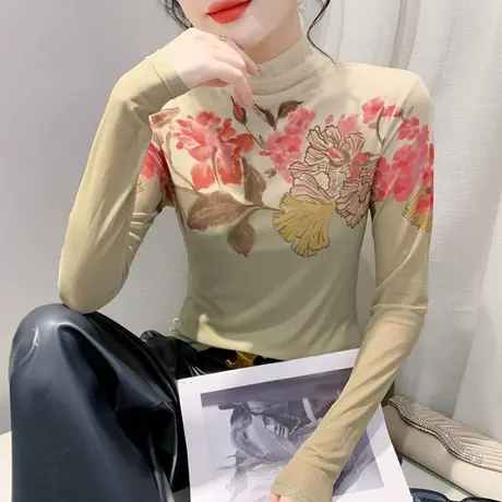 设计感加绒打底衫女长袖网纱植物染时尚修身内塔上衣半高领T恤ins商品大图