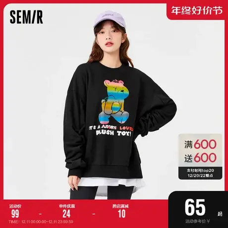 森马卫衣女设计感小熊上衣2021冬季新款oversize加绒打底衫甜美风图片