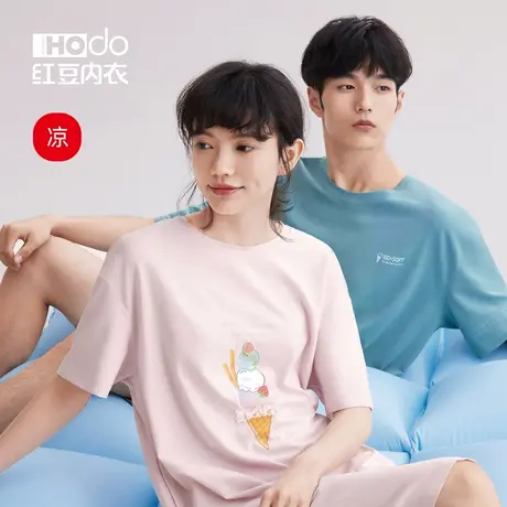 红豆情侣睡衣夏季薄款短袖短裤可外穿凉感男士棉睡裙女家居服套装商品大图