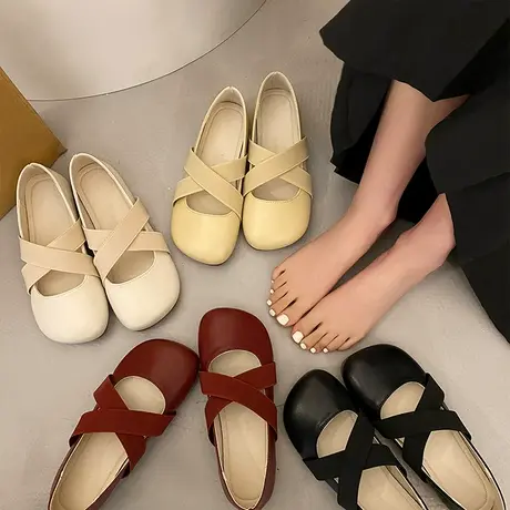 圆头白色百搭低跟平底单鞋女2024春季新款小香风法式复古玛丽珍鞋商品大图