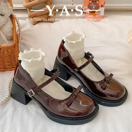 法式复古高跟玛丽珍鞋女2024新款秋冬蝴蝶结棕色圆头英伦风小皮鞋图片