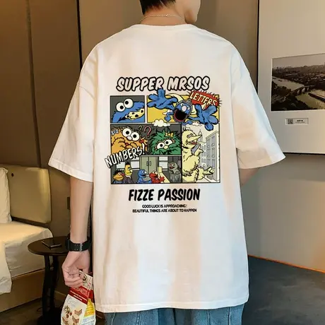 卡通印花纯棉短袖T恤男夏季2024新款ins潮牌男装体恤宽松半袖衣服图片