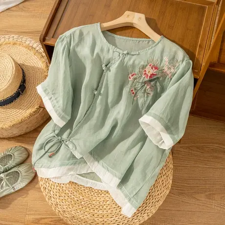 短袖苎麻上衣女刺绣宽松斜襟盘扣文艺复古茶服中国风2022夏季新款商品大图