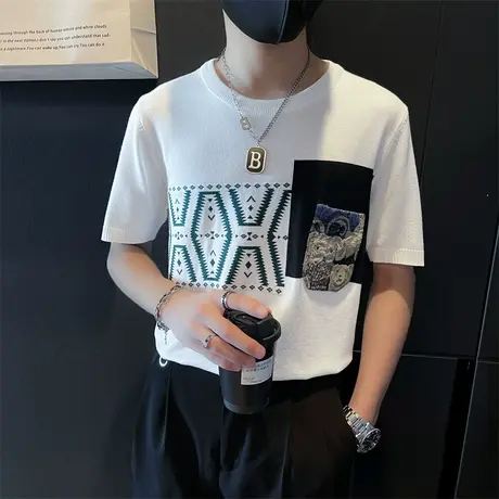 夏季针织短袖T恤男2024新款时尚圆领拼接口袋设计感重磅半袖上衣商品大图