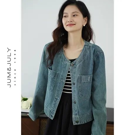 嘉茱莉2024春季新款圆领做旧水洗牛仔外套女工装上衣短款宽松外套图片