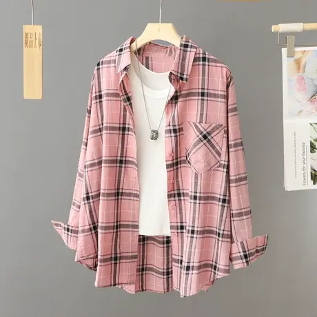 早春格子衬衫女外套2024年春秋新款文艺纯棉宽松休闲衬衣百搭上衣图片