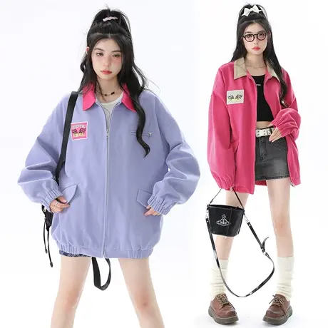 YEP拼接工装外套女春秋2024年新款复古潮牌宽松oversize夹克上衣图片