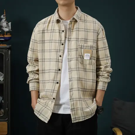 格子衬衫男长袖春秋季宽松休闲衬衣外套男潮牌高级感青少年衬衣服商品大图