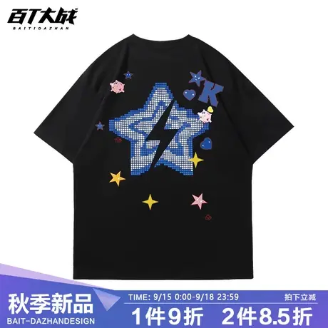 2023夏日系甜酷风小众星星纯棉短袖女宽松国潮情侣t恤ins潮牌上衣商品大图