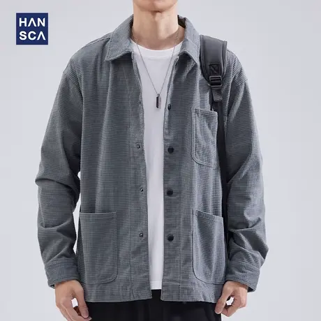 hansca宽松休闲衬衫长袖男青少年春季纯色翻领帅气华夫格开衫外套商品大图