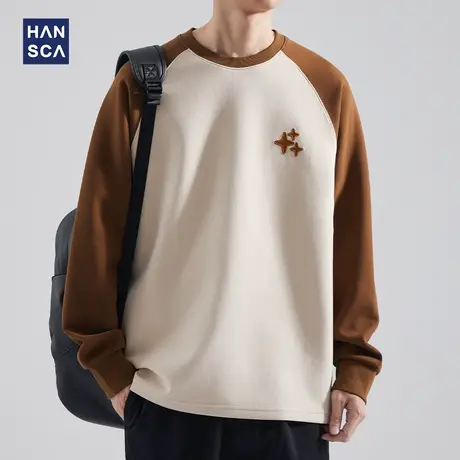 hansca卫衣秋季男美式重磅春秋季潮牌撞色宽松刺绣休闲插肩袖长袖商品大图