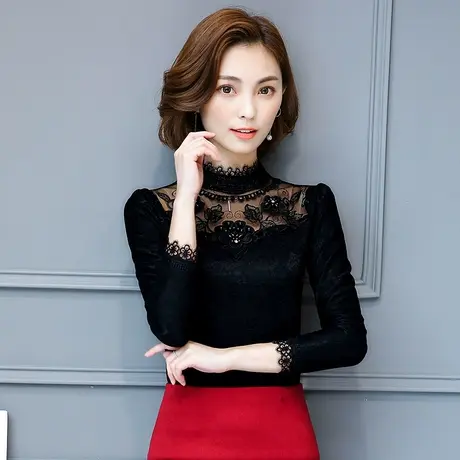 秋季女装2023新款长袖T恤网纱上衣冬季加绒加厚高领蕾丝打底衫潮商品大图