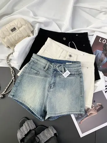 韩版复古磨白折线牛仔短裤女2024春夏新款显瘦百搭弹力包臀直筒裤商品大图