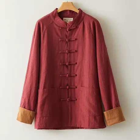 棉麻唐装男春秋季男士中国风新中式外套宽松休闲盘扣上衣男装撞色图片