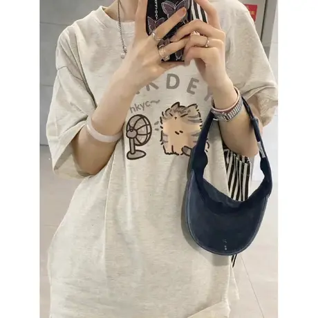 港味chic黑色正肩短袖t恤女夏季小众设计感独特别致上衣纯棉半袖商品大图