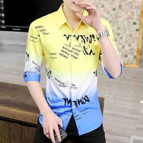 短袖男夏季衬衫痞帅日系衣服ins七分中袖潮流夏装半袖粉色花衬衣商品大图