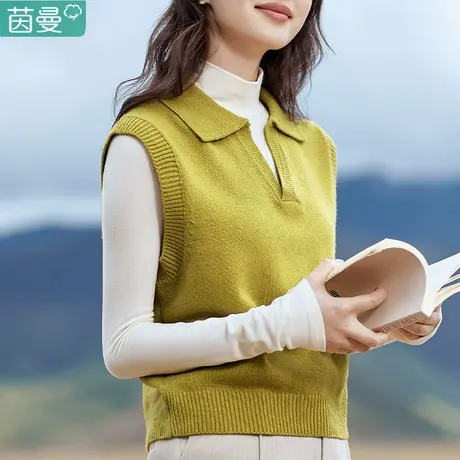 茵曼条纹V领马甲毛衣背心女2024新款早春宽松无袖针织衫短款显瘦图片