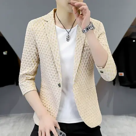 发型师个性小西装男士夏季痞帅气格子薄款七分袖网红潮牌西装外套商品大图