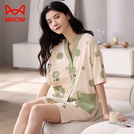 猫人睡衣女夏季纯棉透气V领短袖短裤清新卡通夏可外穿家居服套装图片