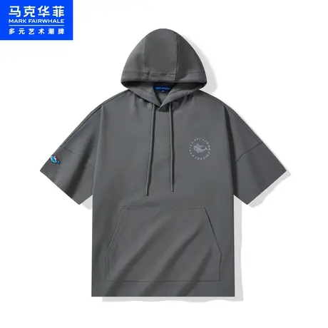 商场同款马克华菲鲸鱼印花连帽短袖卫衣男23夏季新款落肩袖上衣图片