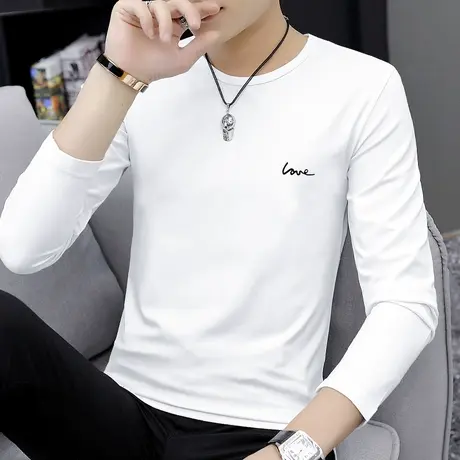 莫代尔长袖t恤男2023新款春季白色上衣服内搭打底衫潮牌印花体恤商品大图