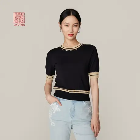 EP YAYING雅莹高端系列 撞色条纹绵羊毛短袖针织衫 商场同款9507A商品大图