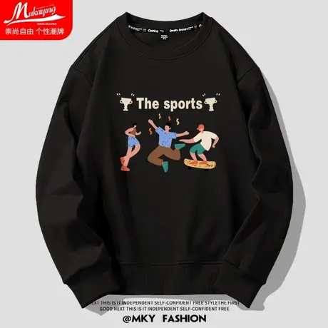 国潮街头黑色圆领卫衣男宽松大码简约ins初中生长袖秋季百搭上衣图片