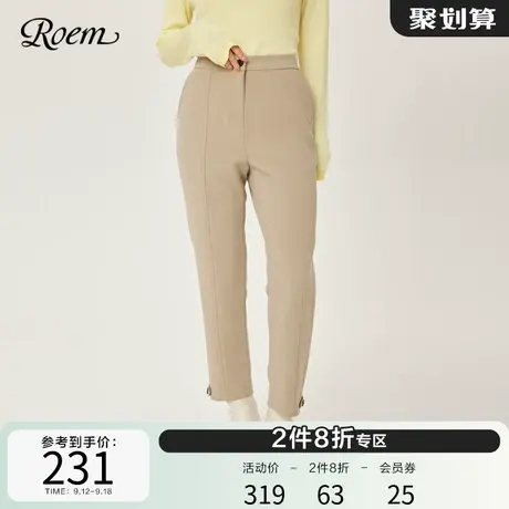 Roem秋冬 商场同款时尚休闲纯色直筒裤复古简约无袢高腰长裤图片