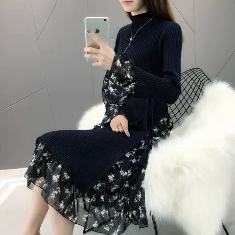 毛衣裙女2023早春季新款中长款雪纺拼接针织连衣裙女春秋款打底裙图片