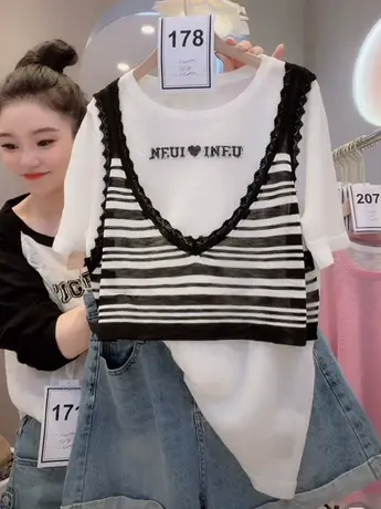 冰丝假两件短袖t恤女2023夏季新款条纹薄款别致设计感百搭上衣洋商品大图