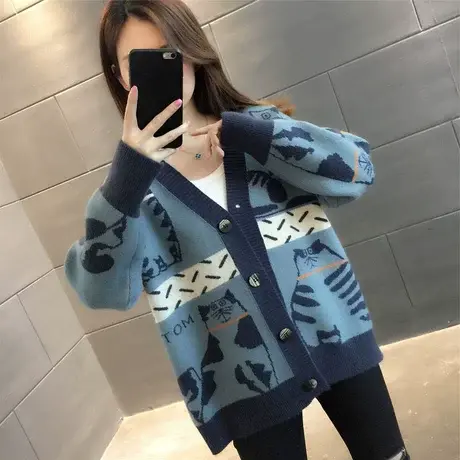 女士毛衣开衫外套女秋装2022年新款韩版宽松慵懒风V领针织上衣潮商品大图