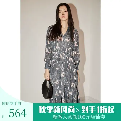 恩裳COVER春秋季新款时尚抽象艺术印花简约知性优雅真丝连衣裙图片