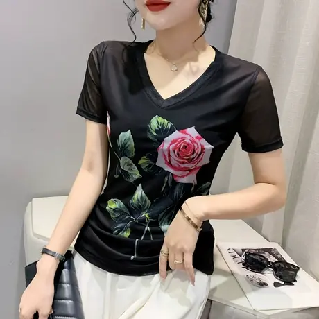 黑色网纱打底衫女短袖2023夏新款性感V领T恤潮流修身印花洋气上衣商品大图