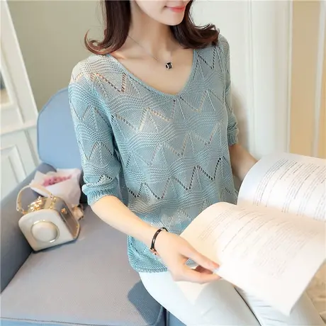 夏季新款女装宽松中袖网衫镂空罩衫宽松大码针织衫空调衫轻薄款商品大图