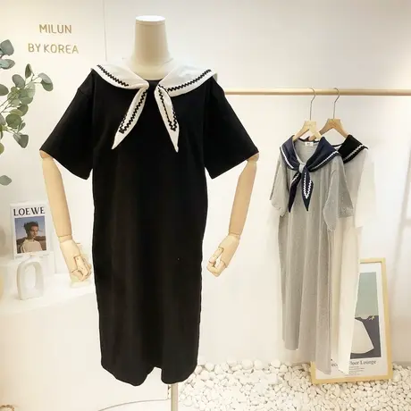 韩国东大门连衣裙ins夏季新款法式甜美海军领中长款T恤裙学生宽松商品大图