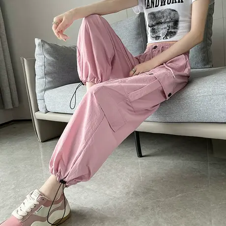 粉色美式工装运动裤女春秋新款高腰显瘦宽松抽绳束脚冰丝阔腿裤潮图片