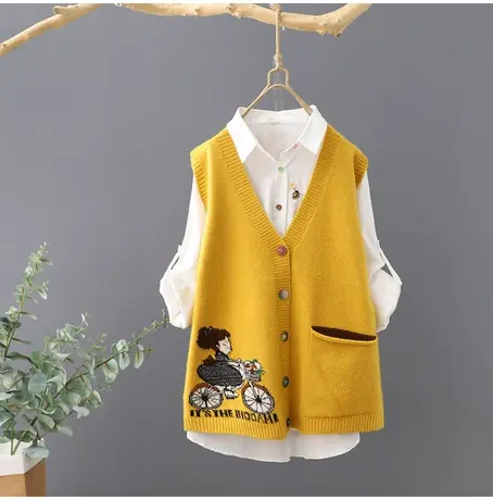 韩范小女孩无袖v领针织开衫女学生外搭马夹短款背心无袖外套毛衣图片