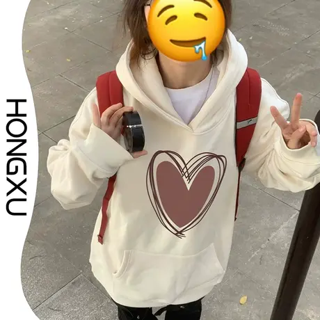 红续秋冬日系甜美风爱心印花卫衣女2023新款加厚小众百搭上衣长袖商品大图