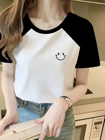 印花仿棉半袖t恤女夏季新款洋气拼接宽松休闲显瘦圆领短袖体恤潮商品大图